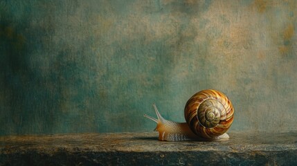 Poster - A close-up of a snail on a textured surface, showcasing its shell and body.