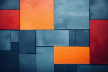 Poster - Modern architectural design featuring colorful metal panels in orange, red and blue, creating an abstract geometric pattern