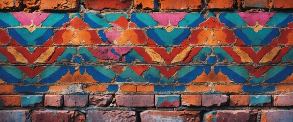 Poster - Colorful geometric mural on an aged brick wall showcasing vibrant artistic patterns and textures in urban design.