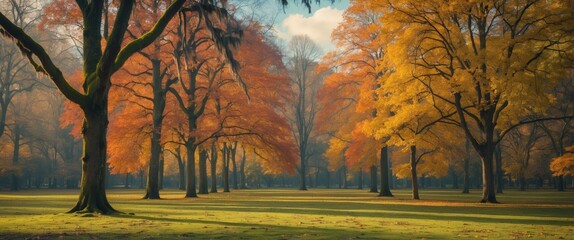 Poster - autumn landscape with vibrant colored trees in park on a sunny day with moss covered ground and vint