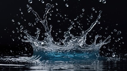 Canvas Print - Dynamic water splash with droplets on dark background showcasing abstract fluid motion and texture. Perfect for creative visual projects.