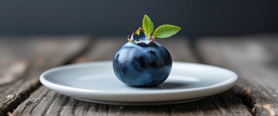 Canvas Print - Fresh blueberry garnished with mint leaves on a simple white plate, showcasing vibrant color against a rustic wooden background.