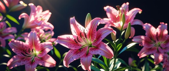 Poster - Pink lilies in full bloom illuminated by sunlight against a dark background showcasing vibrant colors and delicate floral details.