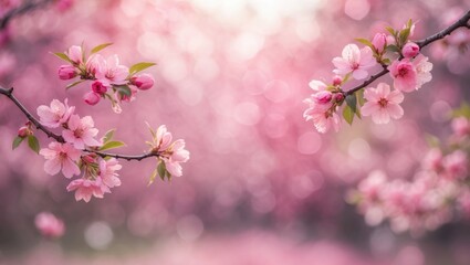 Poster - Pink blurred bokeh background with cherry blossom branches creating a serene spring atmosphere and inviting natural beauty.