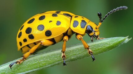 Poster - A close-up of a vibrant yellow beetle with black spots resting on a green leaf.
