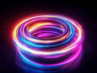 Poster - The composition showcases vibrant neon rings creating a mesmerizing 3D effect with a blend of colors on a dark background, complemented by a reflective base that enhances depth and intrigue