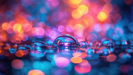 Canvas Print - Colorful abstract bokeh background with soft blurred lights and water droplets creating a dreamy and vibrant atmosphere for various uses.