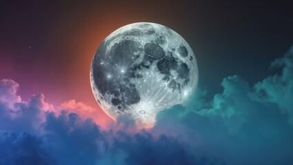 Wall Mural - serene night sky with a luminous full moon surrounded by colorful clouds and gradient background cre