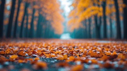 Poster - blurred autumn landscape with fallen orange leaves creating a moody background for seasonal themes a