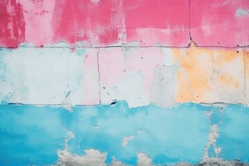 Poster - Close up of a concrete wall painted in vibrant pink, light blue, and yellow, revealing cracks and weathered textures
