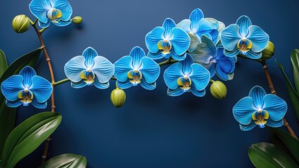 Poster - Elegant blue orchid flowers against a deep blue background, showcasing their beauty with ample space for text and design elements.