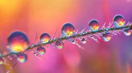 Poster - A close-up of water droplets on a plant stem reflecting colorful backgrounds.