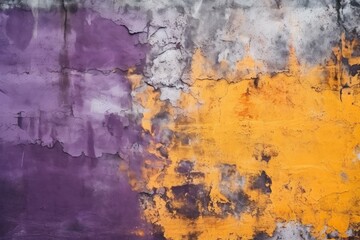 Poster - Old wall with cracked and peeling paint in orange, purple and grey, creating a textured grunge background