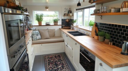 Wall Mural - Cozy cottage kitchen with built-in bench seating, wood countertops, and dark tile backsplash.