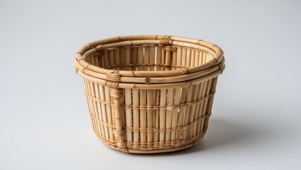 Poster - Bamboo woven basket container isolated on a white background showcasing traditional craftsmanship and natural materials.