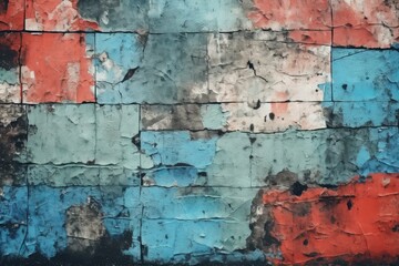 Poster - Close up of a grunge wall with peeling paint, revealing colorful layers beneath, creating an abstract textured background
