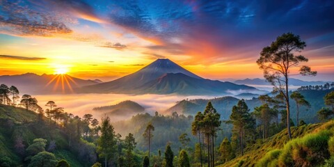 Wall Mural - Beautiful sunrise over Kawah Ijen volcano with lush trees in Java, java, kawah ijen