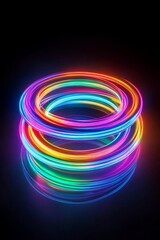 Poster - Vibrant neon rings glow brightly, illuminating the space and creating a stunning 3D effect on a reflective surface, blending various colors and enhancing the environments overall atmosphere