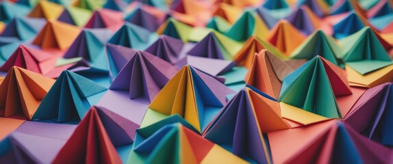 Poster - Colorful 3D origami modules arranged in a vibrant pattern showcasing handmade craftsmanship and intricate paper textures.