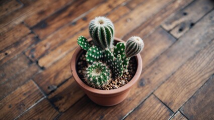 Canvas Print - Succulent Cactus Plant in Clay Pot on Natural Wooden Floor Enhancing Home Decor and Indoor Gardening Aesthetic