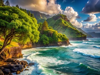 Wall Mural - Kauai Coastline: Majestic Trees Overlooking Ocean