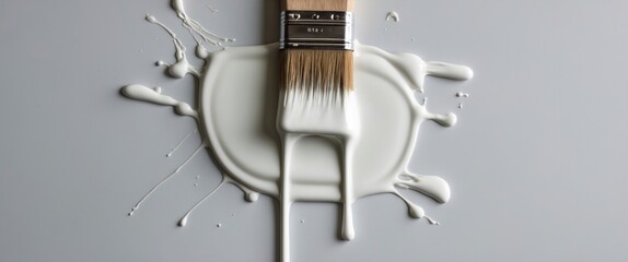 Poster - White paint splatters with a dripping brush creating a vibrant artistic background for home improvement or creative projects.