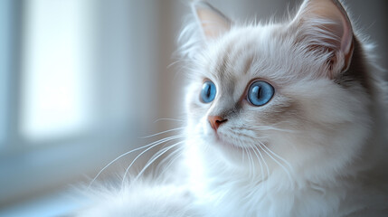 Cute cat with blue eyes lying in natural light