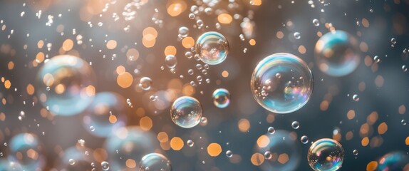 Poster - Colorful soap bubbles floating in the air with blurred background creating a dreamy effect ideal for wallpapers and creative designs