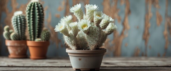 Poster - vintage style white cactus flowers in clay pot with rustic wooden background and empty space for tex