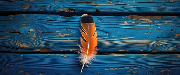 Poster - A vibrant blue wooden background featuring a striking orange and white feather elegantly placed at the center.