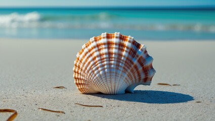 Poster - Solitary seashell on pristine beach showcasing delicate curves and intricate patterns with ample space for text or branding in the background.