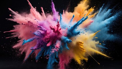 Poster - Colorful powder explosion on black background capturing dynamic motion and energy in a vibrant abstract art display.
