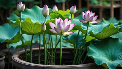 Wall Mural - Vibrant Lotus Flowers Blooming Amidst Lush Green Leaves in a Rustic Pot in a Serene Garden Setting