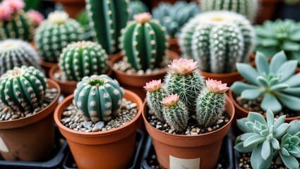 Poster - Diverse Collection of Miniature Cacti and Succulents in Terracotta Pots Displayed in a Bright Greenhouse Environment