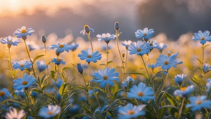 Poster - Morning light illuminating a vibrant field of blue and white flowers creating a serene and tranquil natural landscape scene.