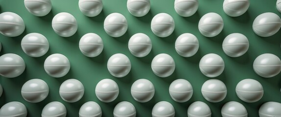 Poster - Pattern of white ping pong balls arranged on a uniform green background ideal for banners and modern design aesthetics.