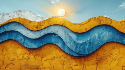 Poster - Abstract Wavy Landscape with Blue and Gold Tones Under a Sunny Sky