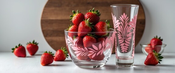 Canvas Print - Elegant glass bowl and tall glass with pink designs filled with fresh strawberries on a white surface with a wooden cutting board backdrop.