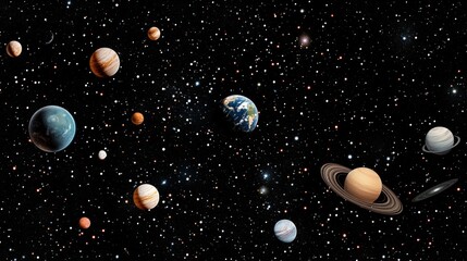 Poster - A cosmic scene depicting various planets in a star-filled space background.