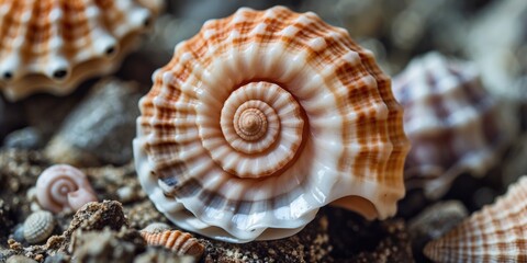 Poster - Close-up of a beautifully patterned seashell resting on sandy beach with pebbles and empty space for your text or design needs