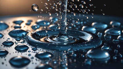 Canvas Print - Close-up of water droplets creating ripples on a reflective surface with soft lighting showcasing their clarity and texture.