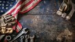 © Riz - American Flag with Rusty Tools and Work Gloves on Dark Wood Background