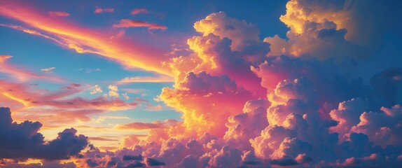 Wall Mural - dramatic sunset and sunrise sky showcasing vibrant clouds in shades of gold, pink, and blue during t