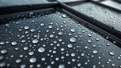 Canvas Print - Close-up view of water droplets on a glass surface with a dark background highlighting texture and reflections