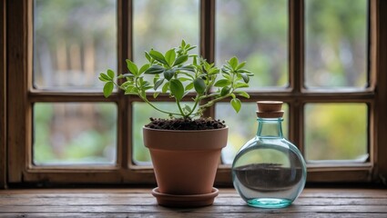 Poster - small potted plant by window with wooden grate and round glass water bottle creating a tranquil indo