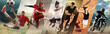 © master1305 - Outdoor sports. Players in football, soccer, tennis, and motocross captured in intense motion, set against natural and stadium backdrops. Concept of professional sport. Horizontal banner, ads.