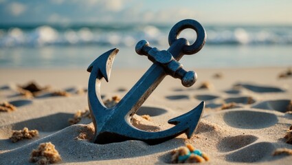 Poster - Anchored Metal Hook Resting on Soft Beach Sand with Ocean Waves in Background and Space for Custom Text