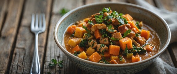 Wall Mural - A close-up of a colorful bowl of hearty vegetable stew garnished with fresh herbs on a rustic wooden table setting.