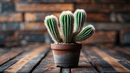 Poster - Astrophytum Cactus Potted on Rustic Wooden Table with Natural Background and Space for Text Overlay