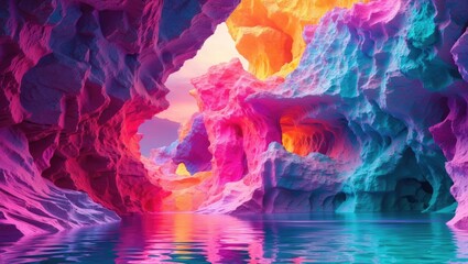 Canvas Print - Vibrant abstract landscape with colorful rock formations and reflective water creating an artistic and immersive background for design projects